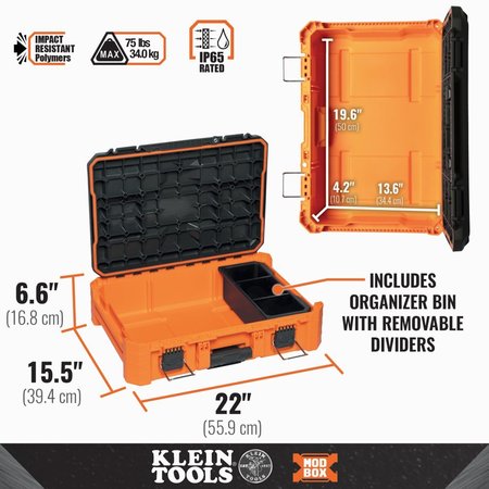 Klein Tools MODbox Tool Box, Impact-Resistant Polymers, Orange, 22 in W x 16 in D x 6-1/2 in H 54804MB